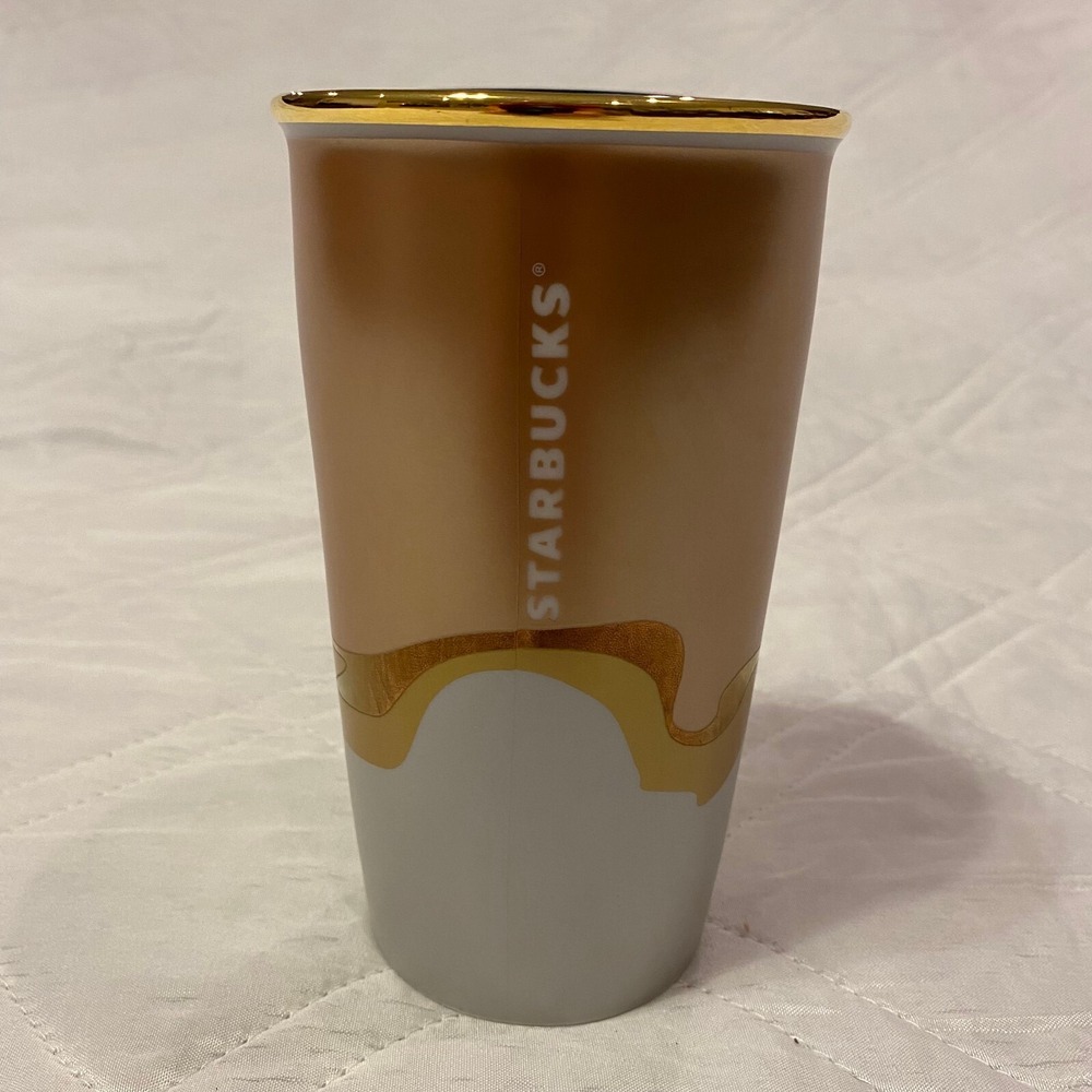 Starbucks Tumbler With Lid Double Wall Ceramic‎ 12oz Gold Rim